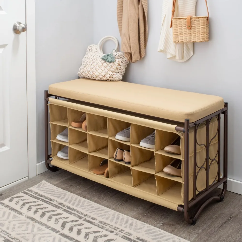 Shoe Cabinets, 3 Tier 18 Pair Shoe Rack and Bench in Tan with Bronze Metal Frame, Tan, Shoe Cabinet