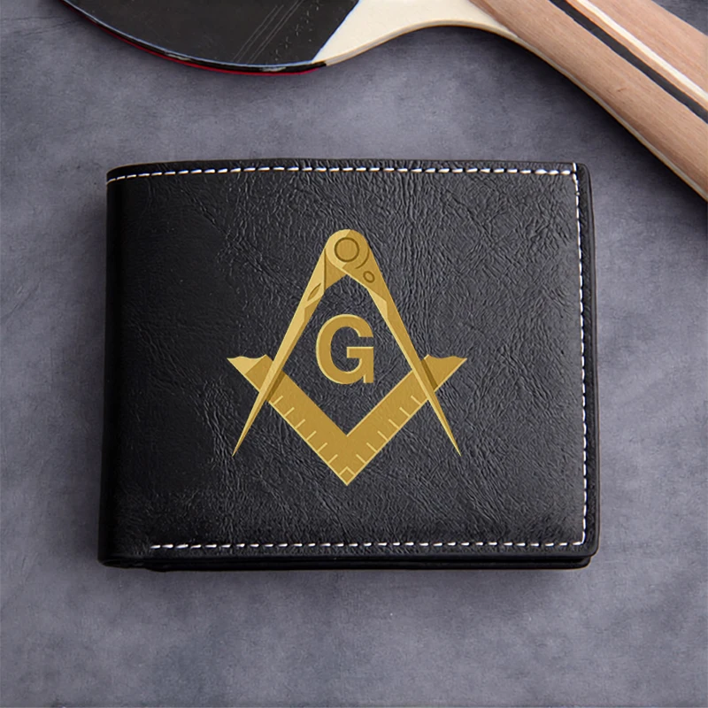 Freemason Symbol PU Leather Wallet Men's Slim Business Design Durable Lightweight Premium Finish Gold Embossed Logo