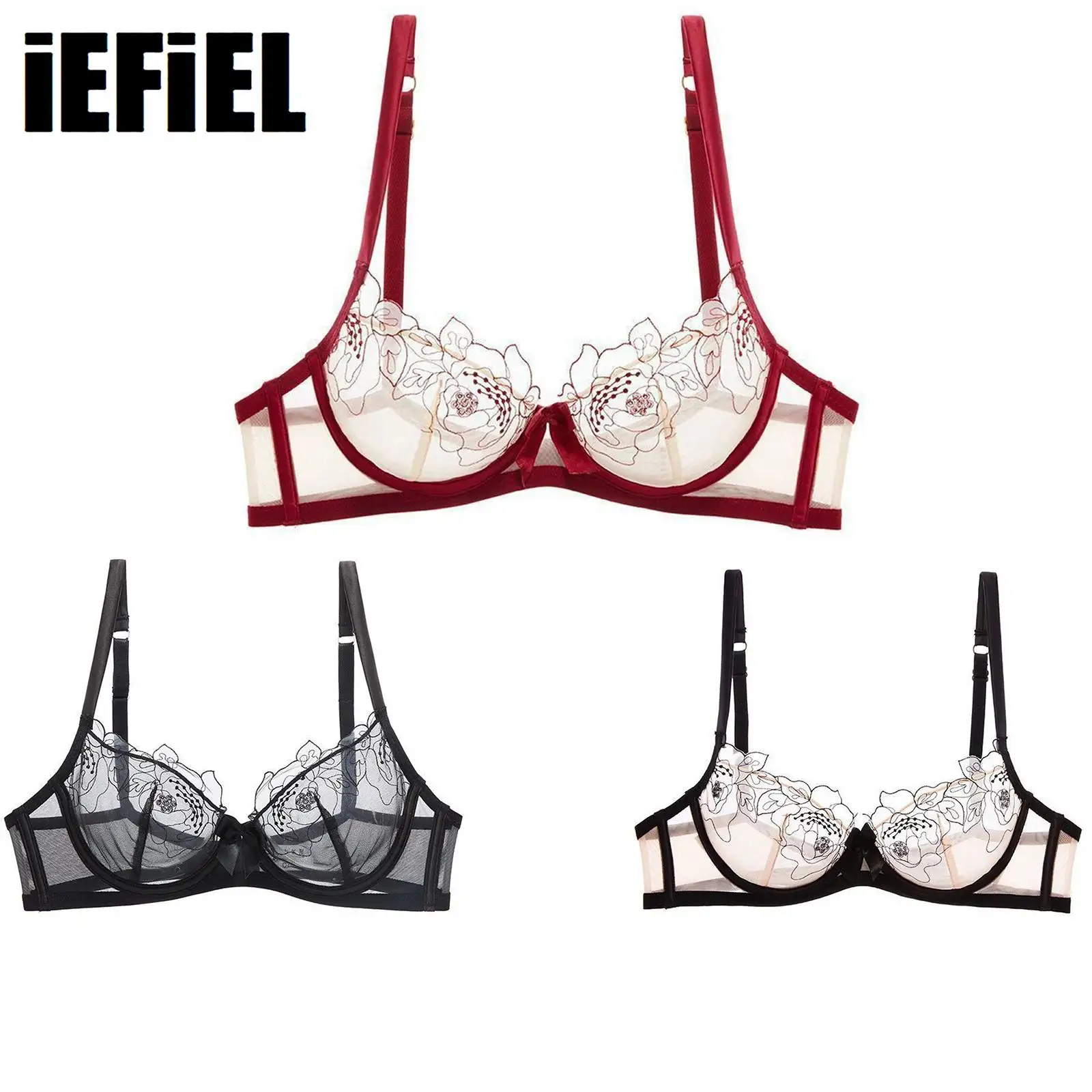 

Womens See Through Embroidery Bra Tops 3/4 Cup Underwire Adjustable Spaghetti Straps Balconette Corset for Cup Dating Night
