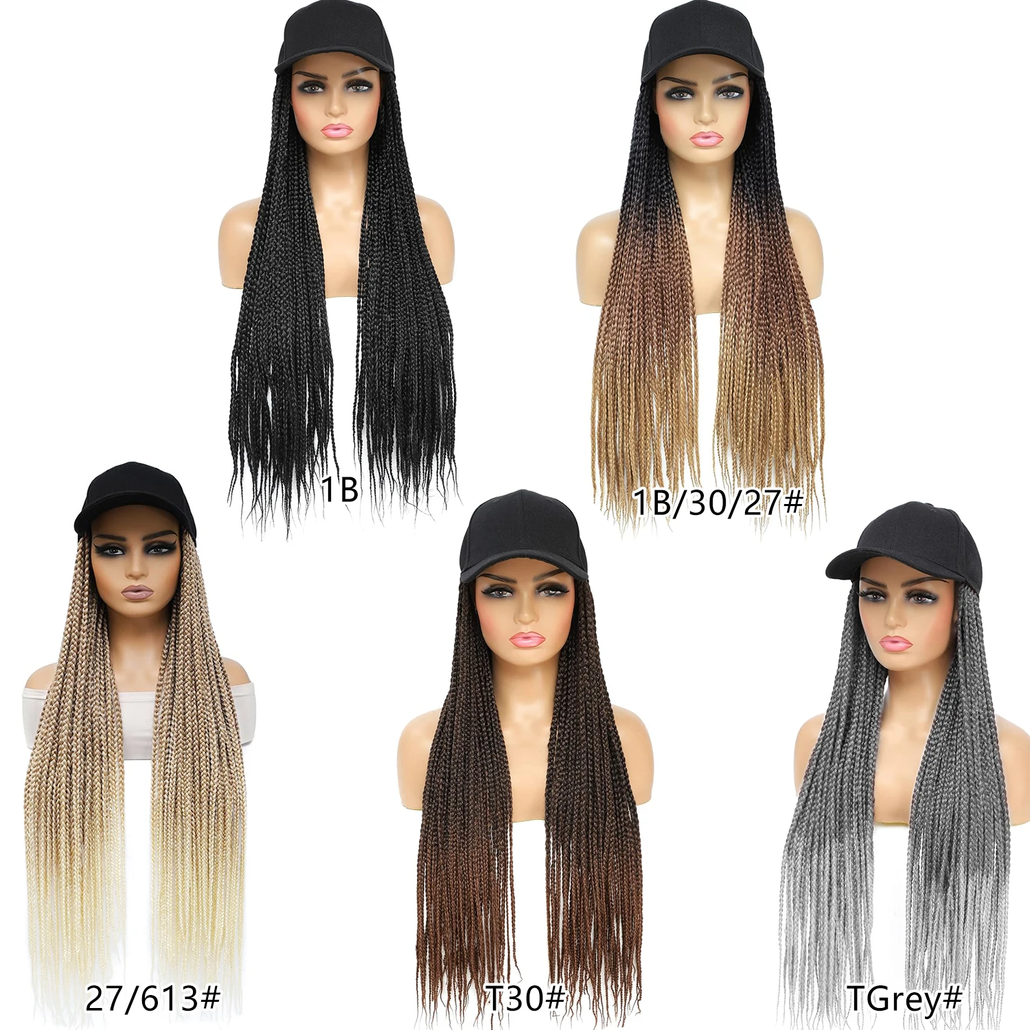 วิกผมทรงหมวกเบสบอล 24 นิ้ว แบบถักเปียกล่อง พร้อมหมวก ต่อผมสีออมเบร ผมสังเคราะห์ วิกผมทรงหมวกพร้อมผมถักเปียยาว