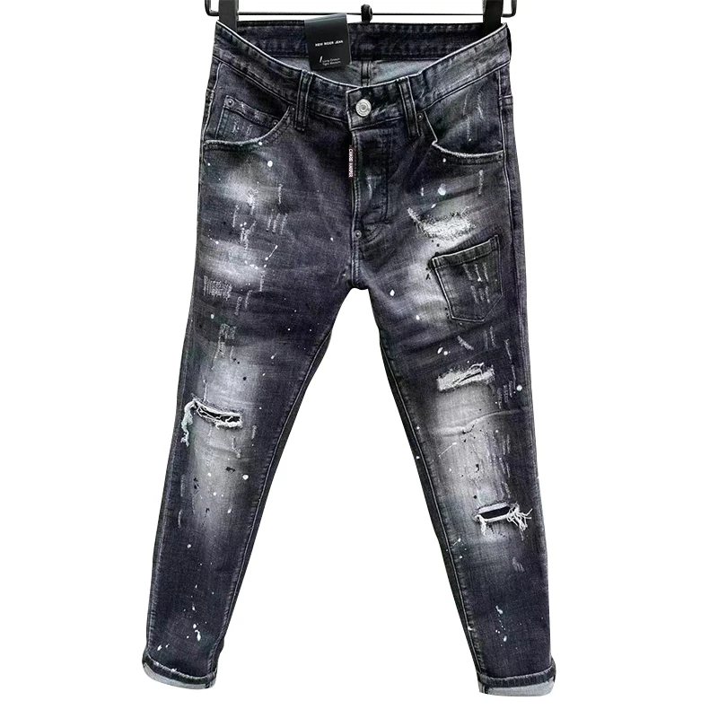 100 chareiharper 089 Men's skinny Skinny jeans Ripped Fabric Non-stretch Paint Splash vintage blue jeans