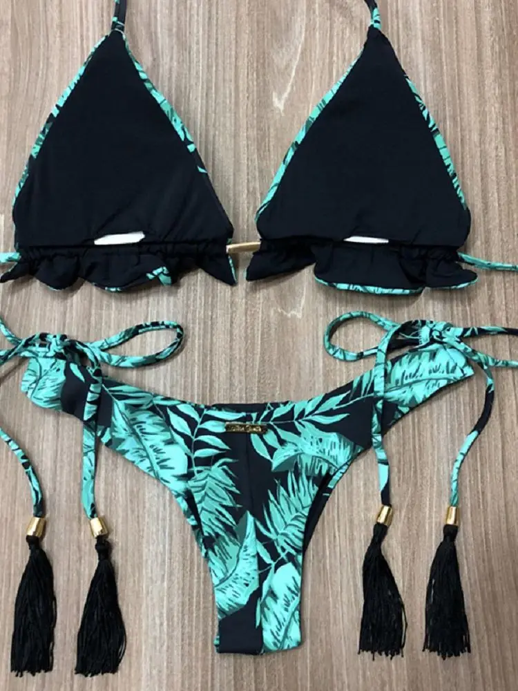 Traje de baño con cuello Halter para mujer, bañador Sexy con Tanga, microbikini con relleno de cuerda, Bikini brasileño de vendaje con estampado de