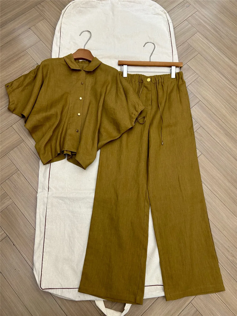 

Fashion Versatile Women's Linen Short Sleeve Shirt+ Elastic Waist Straight Wide Leg Pants 2-Piece Set