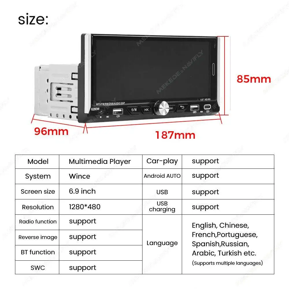 6.9'' Car Radio Wireless CarPlay 1 Din Android Auto MP5 FM Stereo USB Audio 1280*480 HD Screen Head Unit USB Type C Navigation