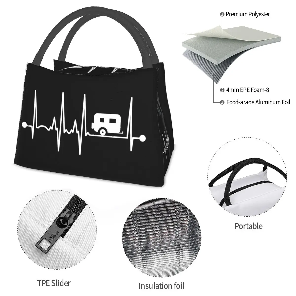 Camper Heartbeat Lunch Bags para mulheres, caixa de Bento isolada, sacola de piquenique à prova de vazamento, refrigerador, bolsa térmica para estudante