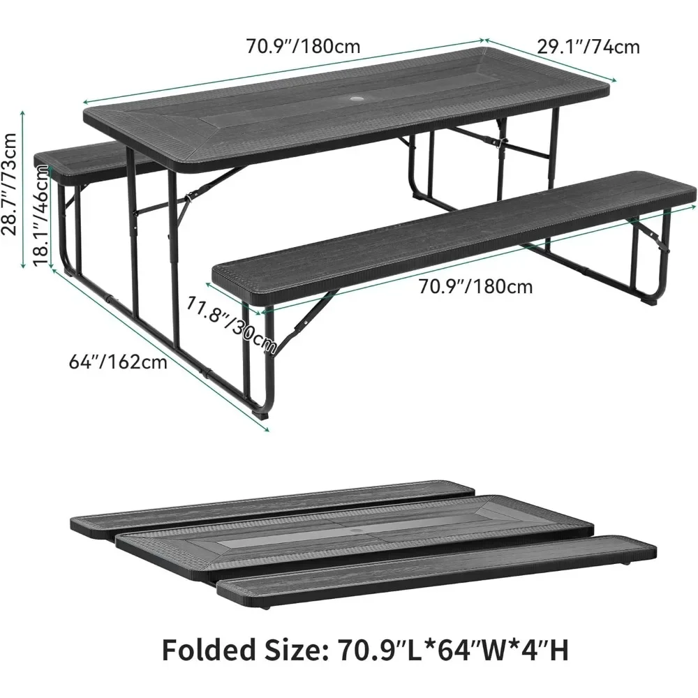 Folding Picnic Table Rattan Texture, 6FT Outdoor Picnic Table w/Heavy Duty Tabletop & Stable Steel Frame