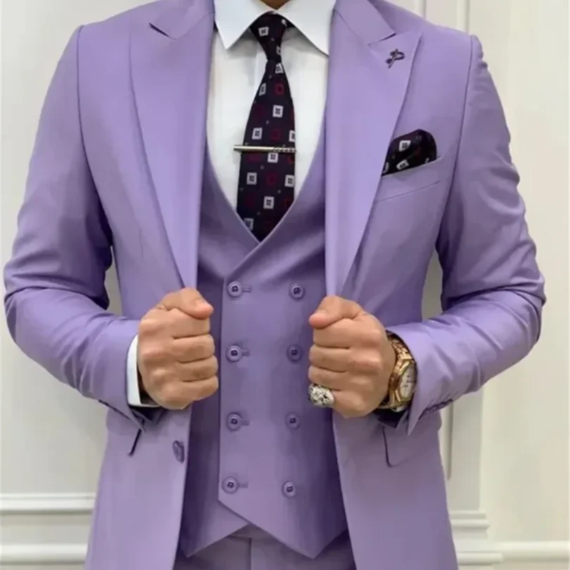 3 Piece Light Purple Men\'s Suits  Elegant Full Set Single Breasted Peaked Lapel Formal Outwear（Jacket+Pants+Vest) Costume