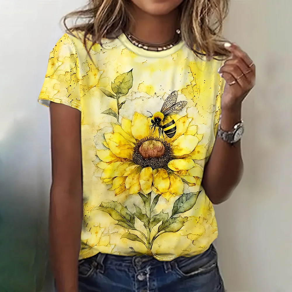 2024 New Women's T-Shirt Tops Trendy Flower Printed Ladies Short Sleeve Clothing Casual Loose Female Crew Neck T Shirt Apparel