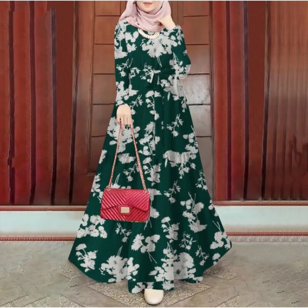 Ramadan Morocco Dubai Abayas for Women Print Dress Jalabiya Sashes Lace Up Eid Muslim Islam Vestidos Kaftan Saudi Arab Long Robe