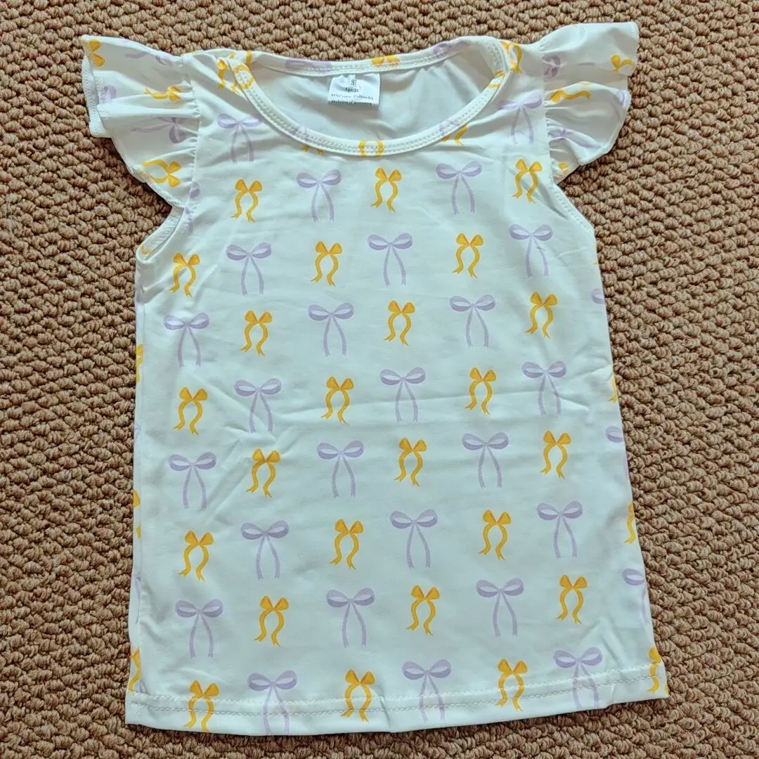

9.16 Wholesale hot sale western boutique kid children clothing Baby Girls Yellow Lavender Bows Plaid Tee Shirts Top
