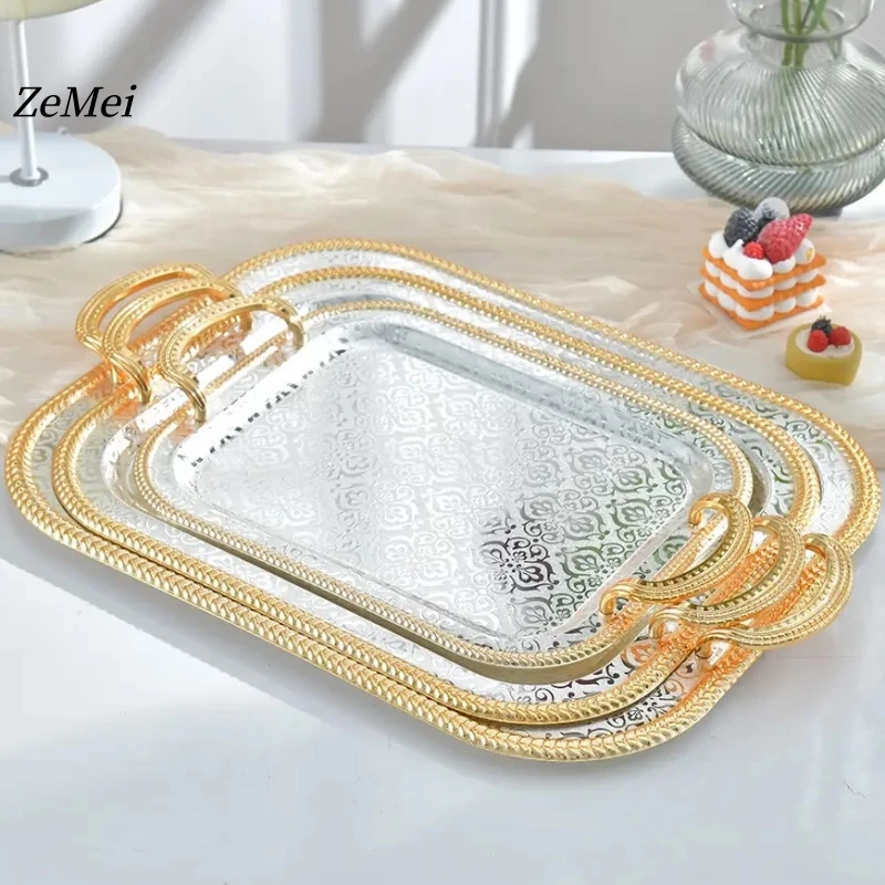 European-Style Rectangle Fruit Plate,Home Portable Polishing Platinum Metal Cake Tray, Dessert Storage Plate Wedding Decoration