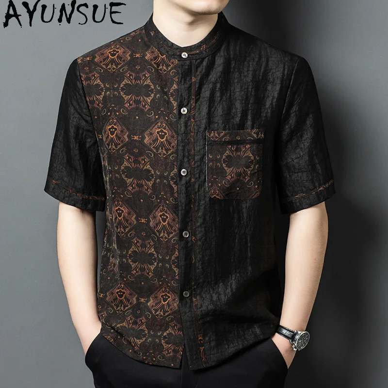 AYUNSUE New 100% Genuine Mulberry Silk Man Shirts Luxury Short-sleeved Tops Summer Casual Loose Mens Shirts Stand Collar chemise