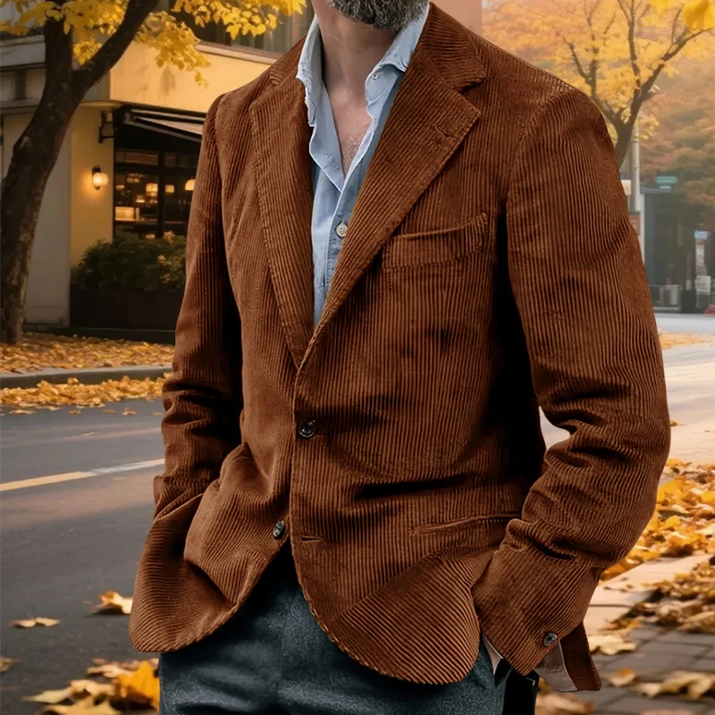 

autumn caramel Men's suit jacket Corduroy single breasted man coat business casual slim fit male blazer