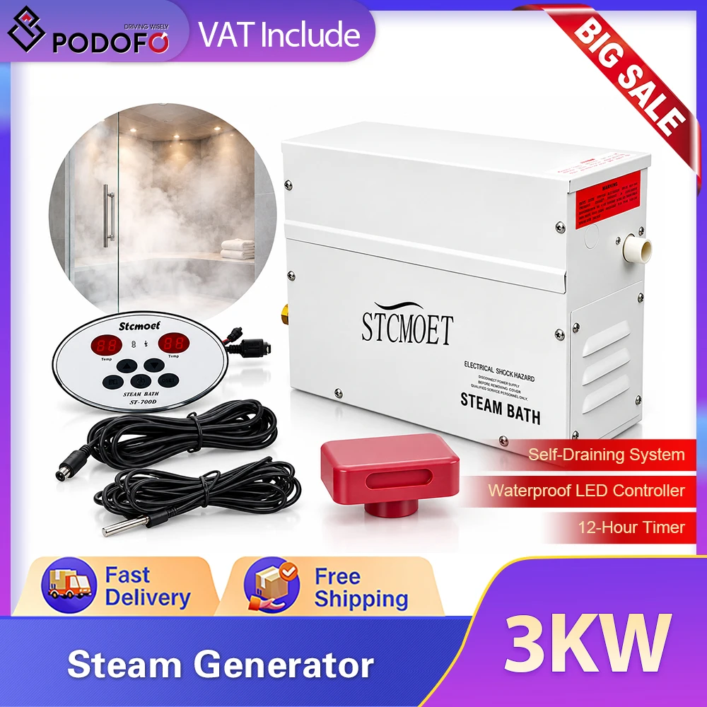 Podofo 3KW – generator pary do sauny, urządzenie do kąpieli parowych w domowej saunie/przy prysznicu/w wannie/w spa, wyposażone w system automatycznego odprowadzania wody, wodoodporny panel sterowania