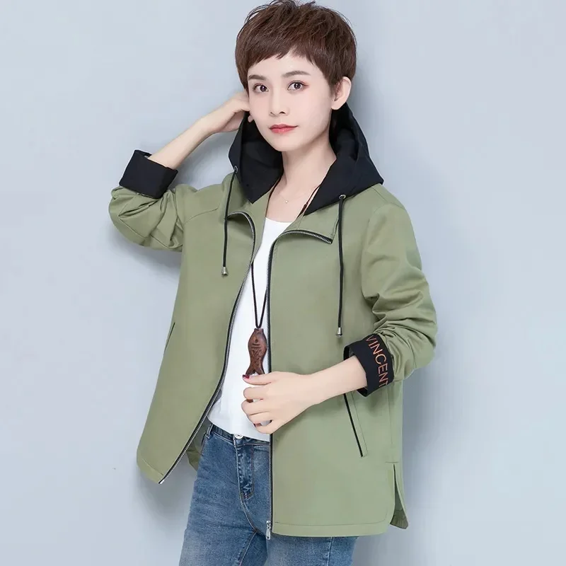 

Women's Short Coat Loose Casual Hooded Jacket Spring Autumn Middle-Aged Woman Coat Female Windbreakers 5XL Outerwear Overcoat