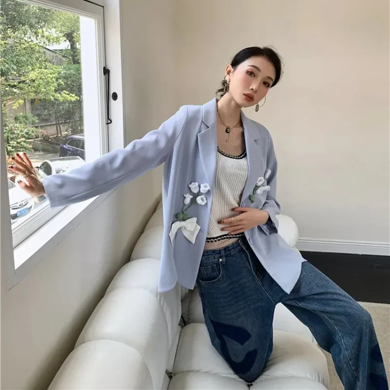 DAYIFUN Literature and Art Blue Floral Patch Blazer Women Elegant Casual Coats Autumn Stylish Design Jackets Fashion Clothing