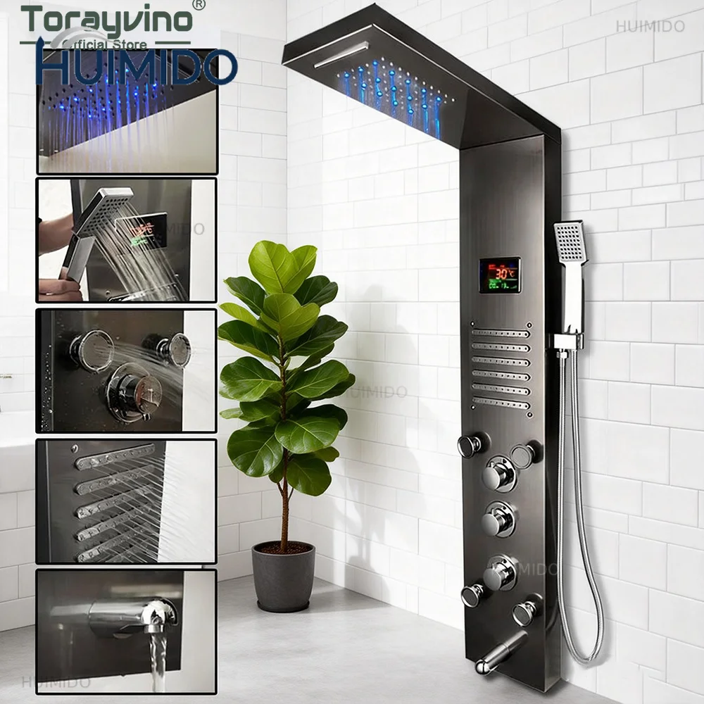 Torayvino LED Bathroom Shower Faucet Temperature Digital Display Shower System Panel Body Massage Jets Towel Showers Column Tap
