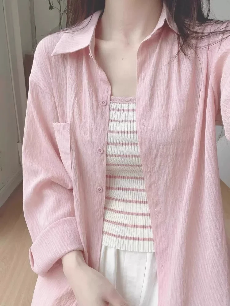Pink Sun Protection Shirt Outerwear Women's Summer Thin Veil New Style Beautiful Atmosphere Long Sleeve Top Collar Butto...