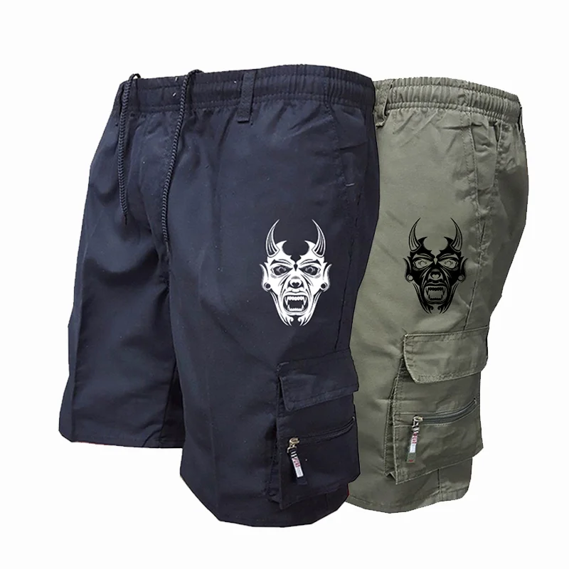 Men\'s Summer Cargo Shorts Casual Pants with Elastic Bands Fashionable Men\'s Clothing Japanese Ghost Face Printed New Workwear