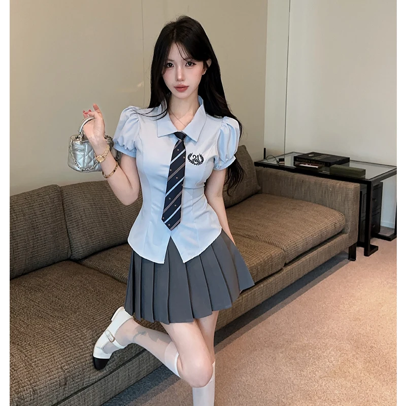 

College Style Age-Defying Short Sleeve Tie Waist Shirt And High Waist Pleated Skirt JK Two-Piece Set for Short Women