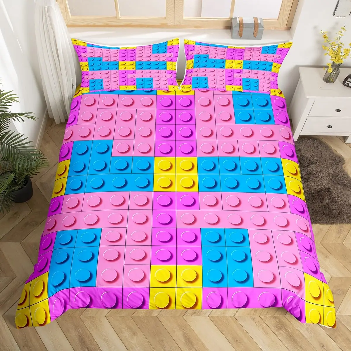 Building Blocks Duvet Cover Games Bedding Set for Kids Boys Girls Teens Toy Brick Comforter Cover Toys Quilt Cover 3Pcs Zipper