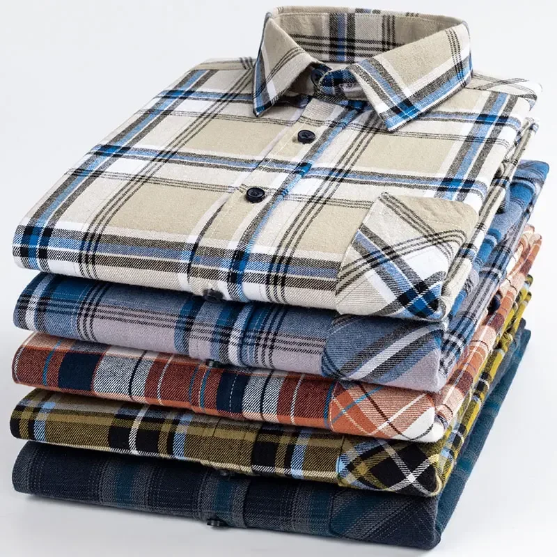 plus size 6xl 100%cotton brushed long-sleeve shirts for man slim fit Casual plaid shirt elegant designer vintage plaid clothes