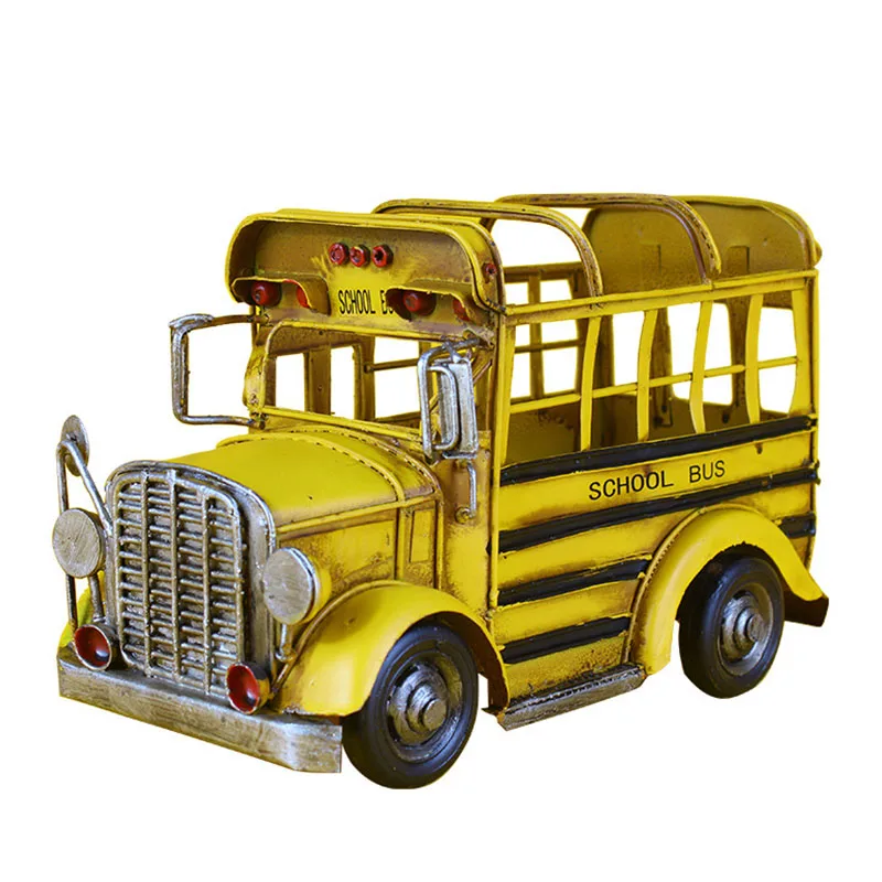 

Vintage Metal Campus School Bus Home Decoration Furnishing Iron Artware Car Model Pen Holder Desktop Decoration Ornament Gift