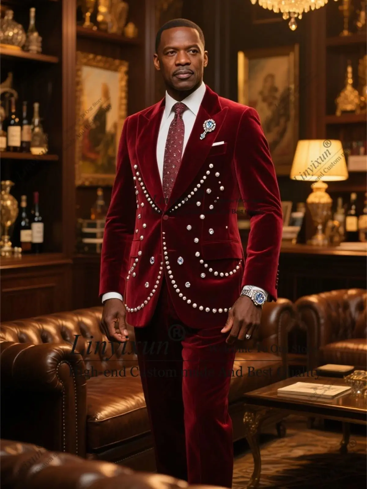 

Gentleman Tuxedo Bead Jewelry Ornament Velvet Men Suit Peaked Lapel Customized Wedding Groom Blazer 2 Piece rajes para hombre