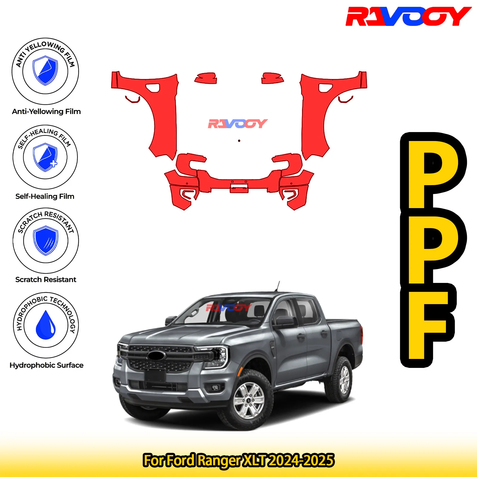 

Для Ford Ranger XLT 2024-2025 глянцевая матовая черная предварительно вырезанная передняя защитная пленка PPF комплект