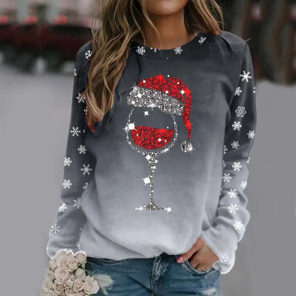 Christmas Women\'s Sweatshirt Designer Round Neck Long Sleeve Loose Casual Christmas Wine Glass Gradient Fun Pattern Print Top