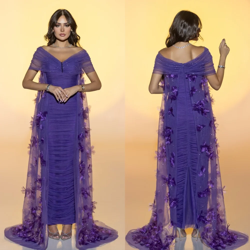 Customized Sparkle Fashion Tulle Handmade Flower Beading Sequined Straight Off-the-shoulder Midi Dresses Evening Dresses Retro