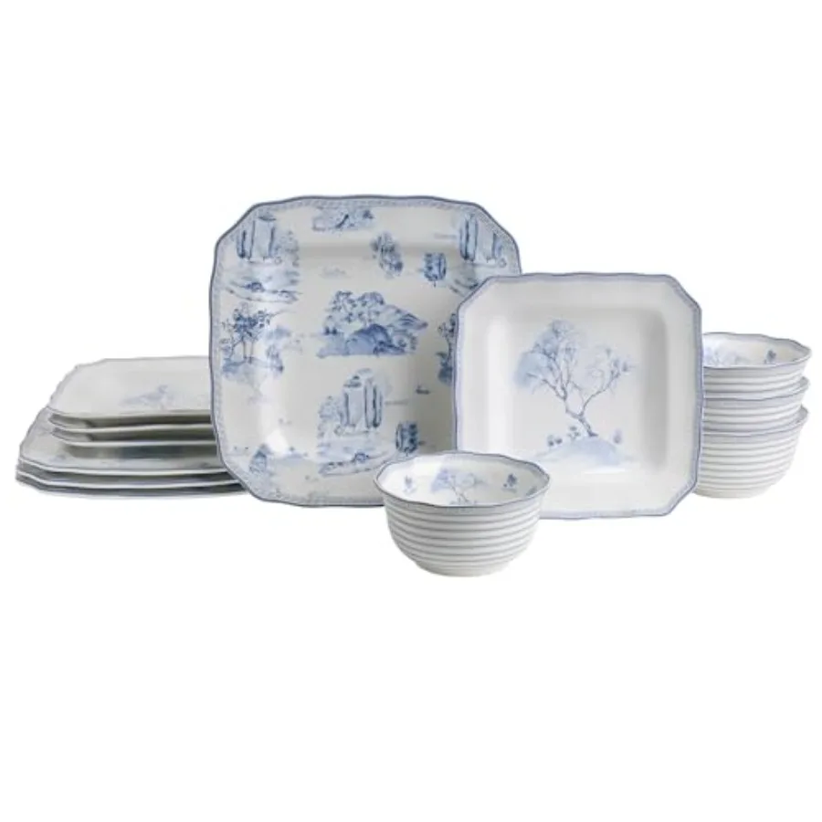 

Набор фарфоровой посуды из 12 предметов на 4 персоны: глянцевые белые тарелки и миски с синим декором, элегантный квадратный керамический набор для кухни