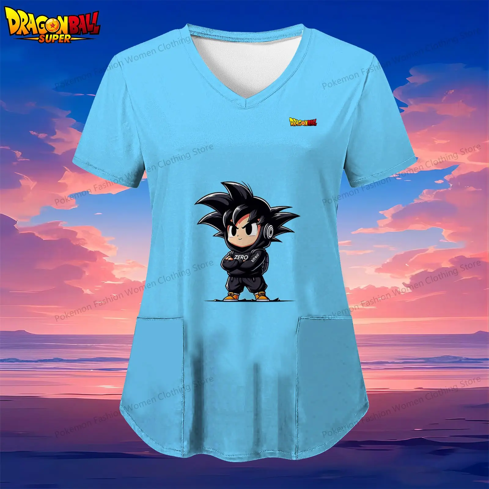 

Pocket Kakarotto Dragon Ball Women's V Neck Nurse Uniform T-Shirt Summer Short Sleeve Anime Woman Clothing Street Wear Tops Y2k