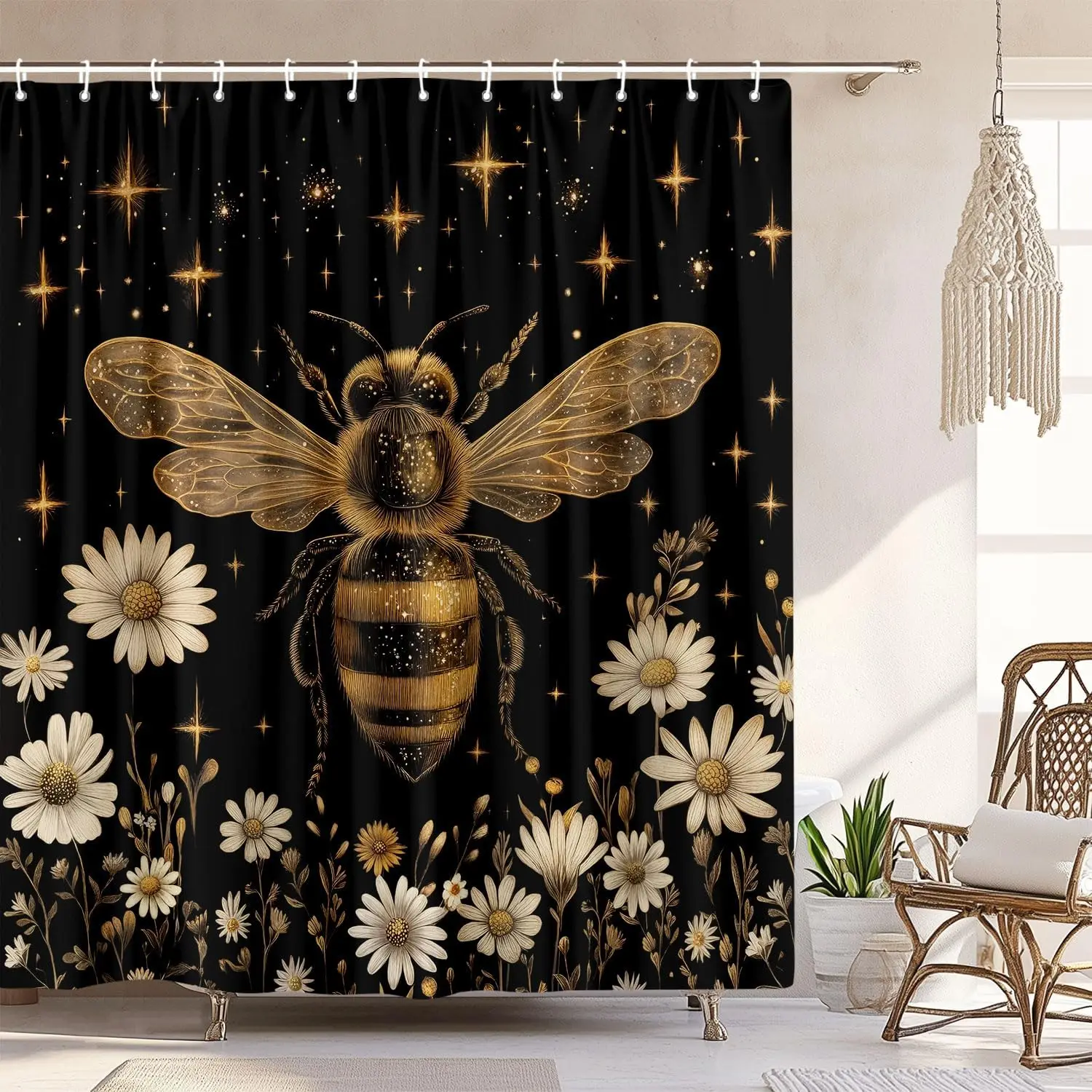 

Винтажная занавеска для душа в стиле бохо, черно-золотая цветочная занавеска для ванной комнаты, эстетичная декоративная, забавная, в деревенском стиле, пчела, ромашки, цветы, ведьмы, эклектика