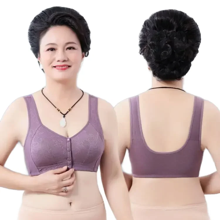KUCLUT Sujetador de algodón de talla grande para mujer con tirantes anchos, copas suaves, broche frontal, ropa interior para personas mayores, estilo chaleco con bordado floral
