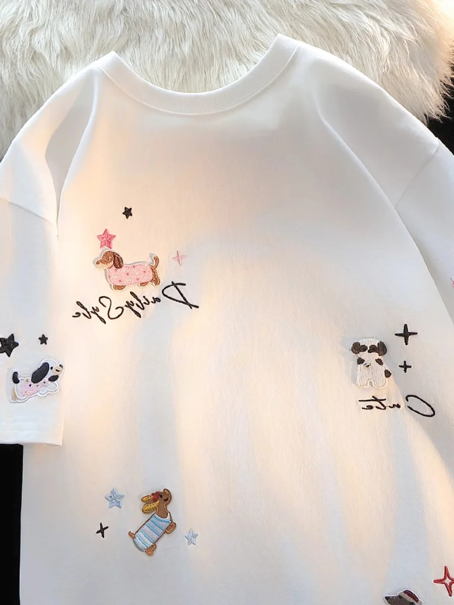 American Lazy Chic Short Sleeve T-Shirt Embroidered Dog Design Loose Vintage Top for Men Youth Summer Cotton Casual Tee