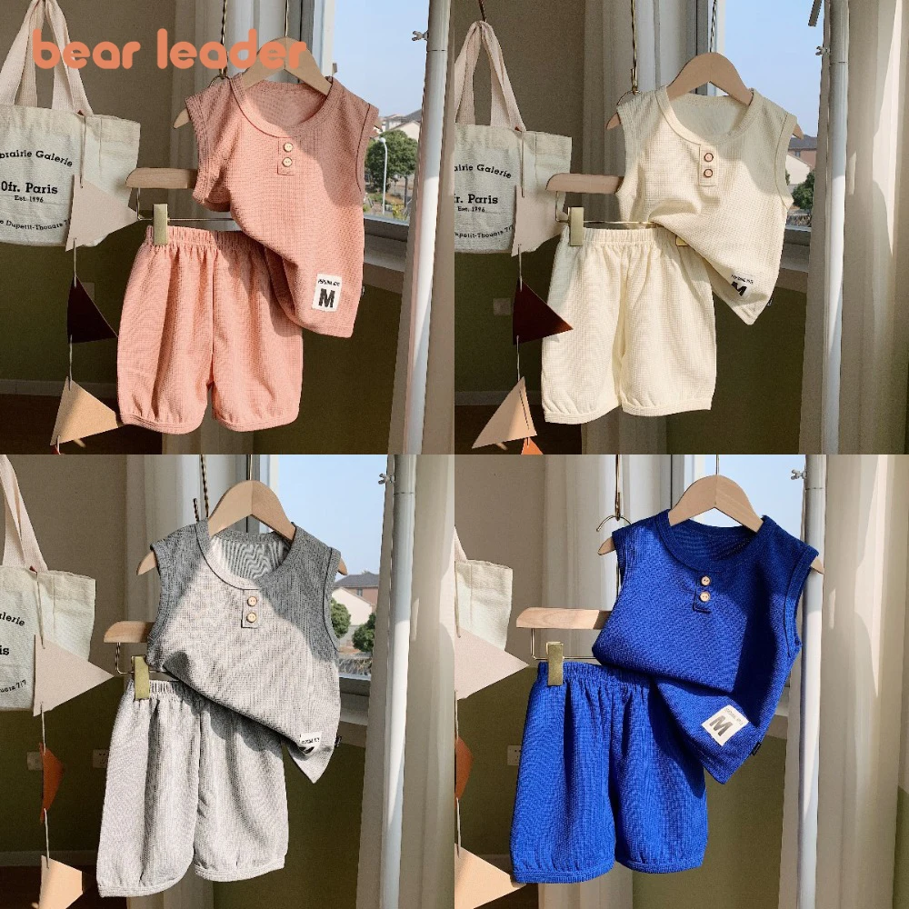 Bear Leader Solid Color Casual Girls Clothes Summer New Sleeveless Round Neck Top + Shorts Casual Two-piece Set