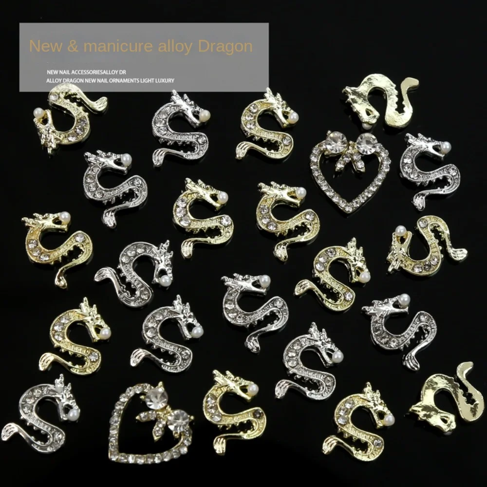 10Pcs/set Zodiac Dragon Dragon Nail Decorations Manicure Ornaments Love Heart Heart Nail Rhinestones Gold Silver Color