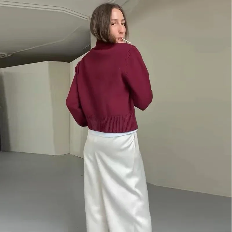 Damenmäntel mit Stehkragen, Doppelreißverschluss, kurzer Strickcardigan, Herbst, Damen, lange Ärmel, Taschen, einfarbig, schlanke Strickwaren, neue Oberteile – Detail 14