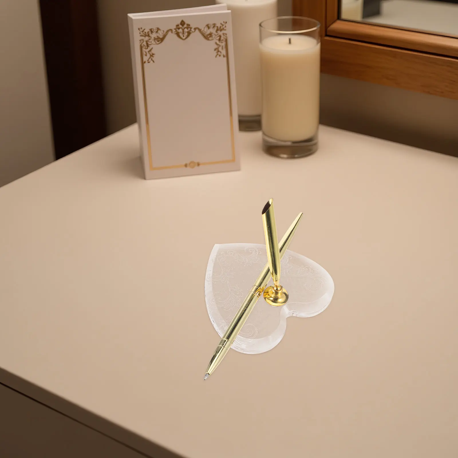 Signing Pen Acrylic Heart Stand Gold Metal Ballpoint Wedding Guest Book Ceremony Reception Bridal Anniversary Engagement