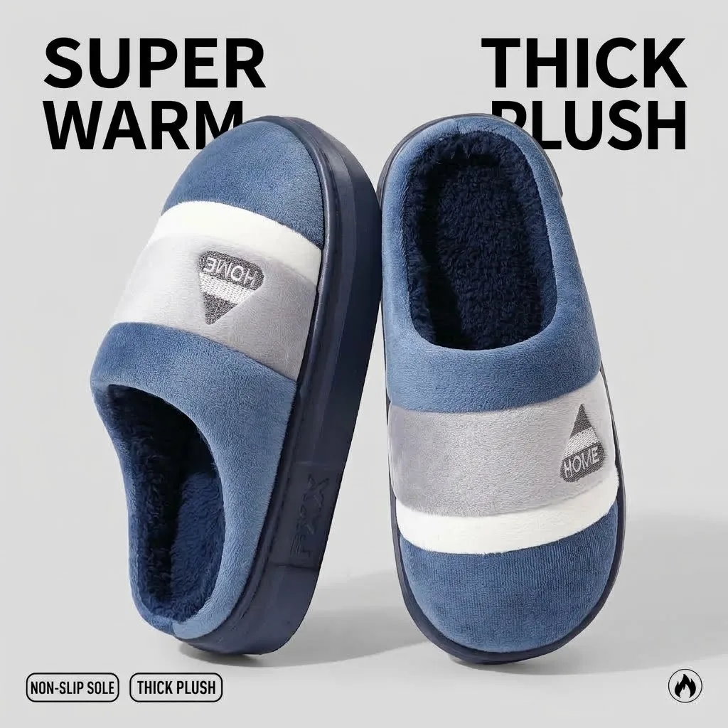 Große Herren-Winter-Hausschuhe, warm, mit dickem Plüschfleece-Futter, Plateau-Sohle, leise, rutschfest, Baumwoll-Slides, flache Mules – Detail 3