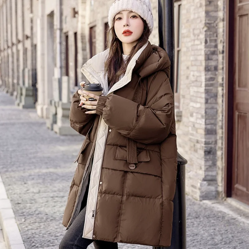 

Korean Jackets for women hooded feather coats color blocking fashion Puffer Jackets thick parka Casual Loose Winter coat female