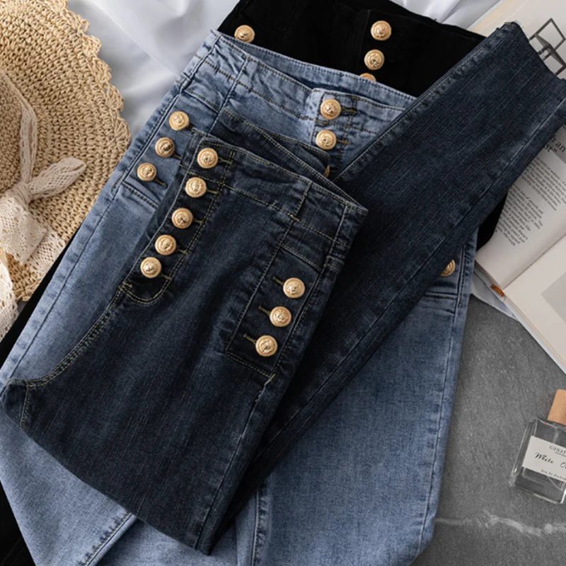 

Gold breasted high waist pencil pants women's spring new slim jeans