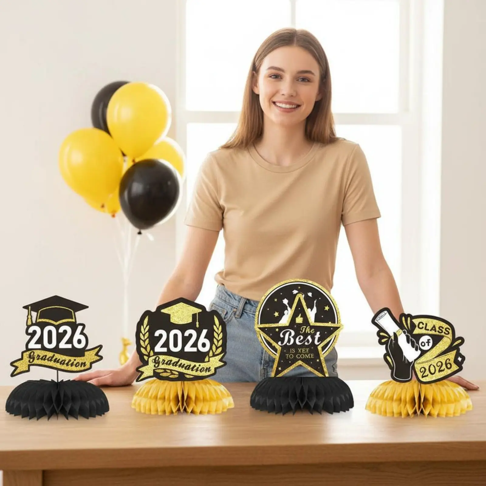 Picture 4: 4 Pieces 2026 Commencement Table Topper Glitter Decorations Commencement Hexagonal Centerpiece for Students, School Event