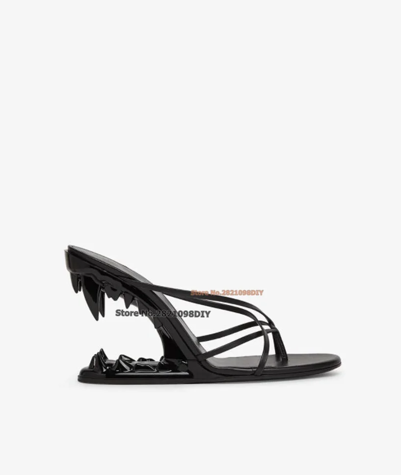 Silver Black Thongs Sandals High Heel Shoes Women 3D Mouth Slip On Heeled Party Shoes Criss-Crossed Flip-Flop Sling