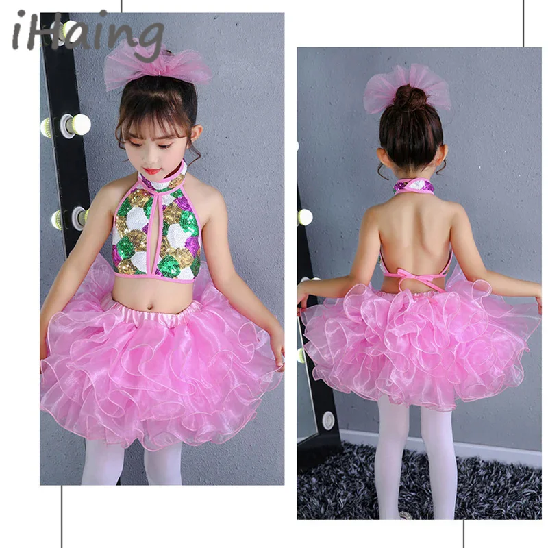 3PCS Girls Modern Jazz Ballet Latin Dance Costume Outfit Kid Sleeveless Shiny Sequins Crop Top with Tassel Skirted Set Dancewear