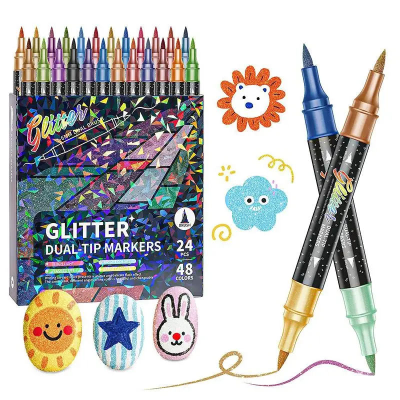 

Glitter Metallic Brush Markers Dual Tip Shimmer Pens for Journals Artist Sketching Creative Drawing School Use