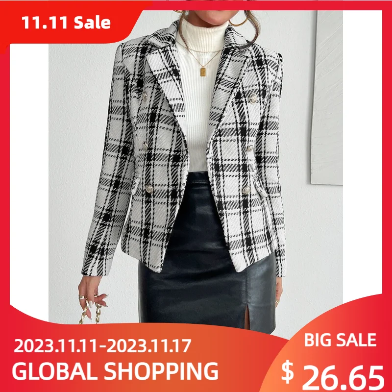 

Autumn And Winter Women's New Fashion Commute Able Long Sleeved Single Breasted Black And White Plaid Printed Lapel Jacket