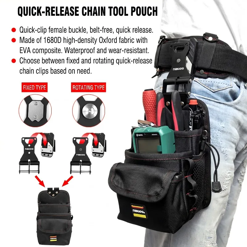 NAKIOO Quick Release Chain Clip Tool Waist Pouch Rotatable & Fixed 2 Types Multifunctional Electrician Tool Belt Storage Bag