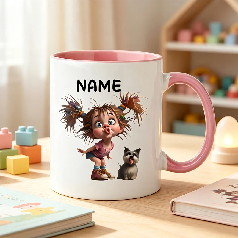 Personalized coffee mugs with customizable names, featuring ceramic designs of a girl with big eyes, a pouting mouth, and a dog.